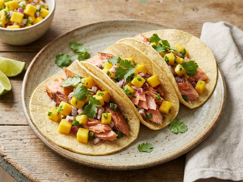 Tacos cu păstrăv somonat și salsa de mango
