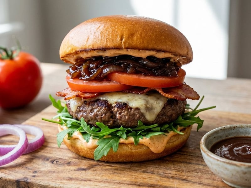 Grilled Burger with Caramelized Onions and Smoked Mayonnaise