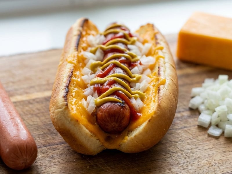Hot Dog cu brânză cheddar și ceapă
