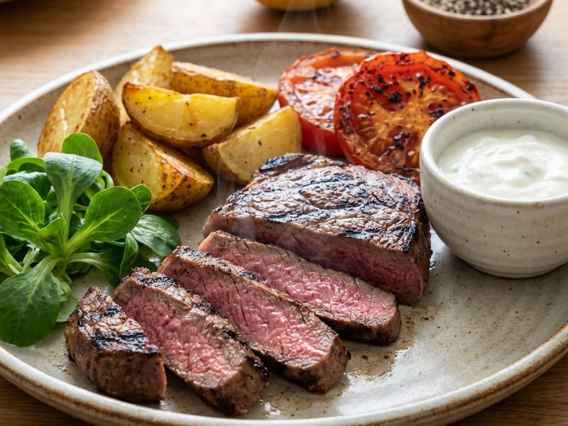 Rump steak la grătar cu cartofi copți și dip de iaurt
