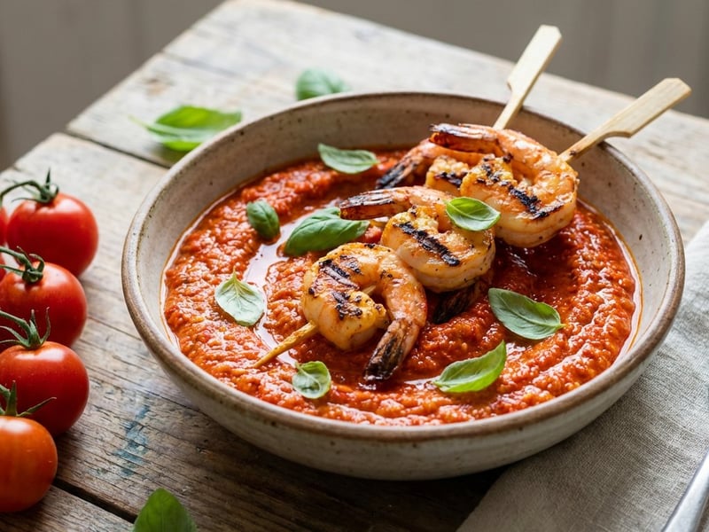 Pesto de ardei copți cu roșii și creveți la grătar