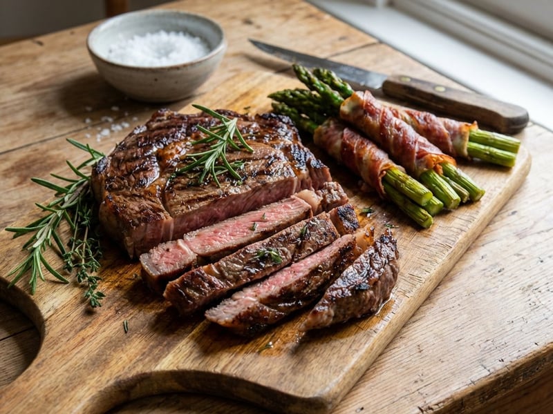 Steak Ribeye la grătar cu sparanghel baby și prosciutto