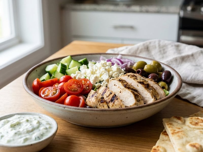 Bowl grecesc cu pui la grătar și tzatziki