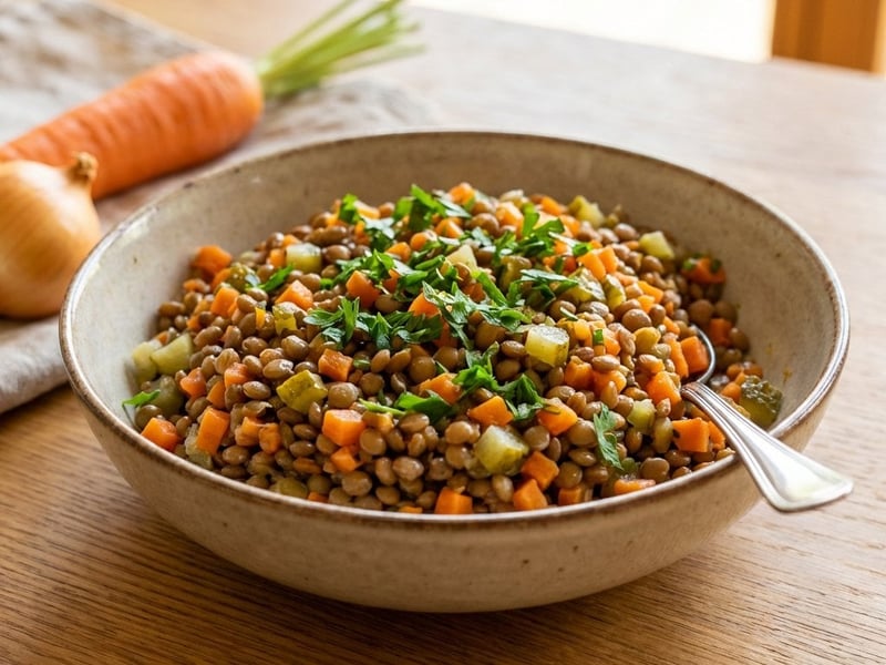 Lentil salad with carrots and pickled cucumbers