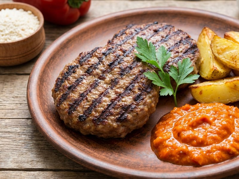 Pljeskavica cu ajvar și cartofi rumeniți