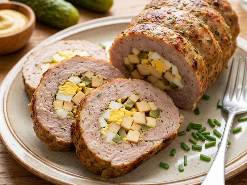Ruladă de porc din carne tocată cu ou și șuncă