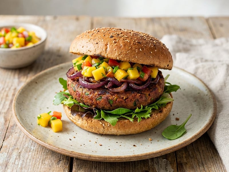 Burger Vegan cu Salsa de Mango și Ceapă Caramelizată