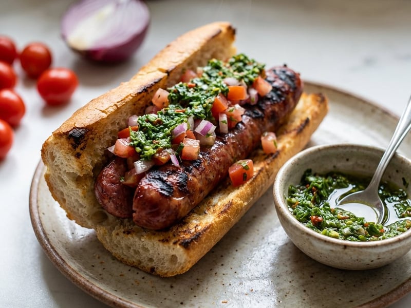 Choripán with chimichurri sauce and tomato salsa