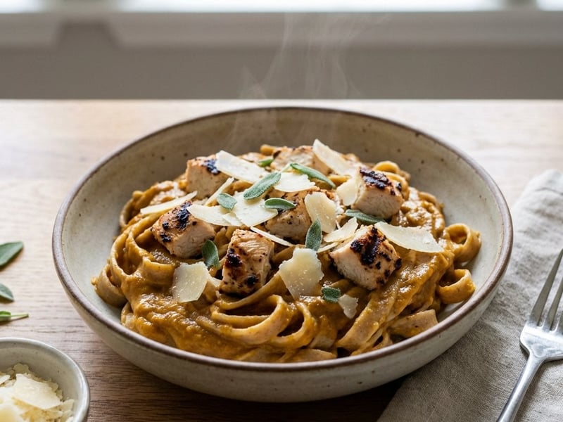 Whole Wheat Pasta with Creamy Pumpkin and Chicken Sauce