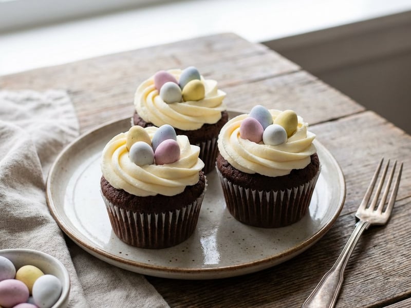 Cupcakes de ciocolată de Paște cu cuib și ouă