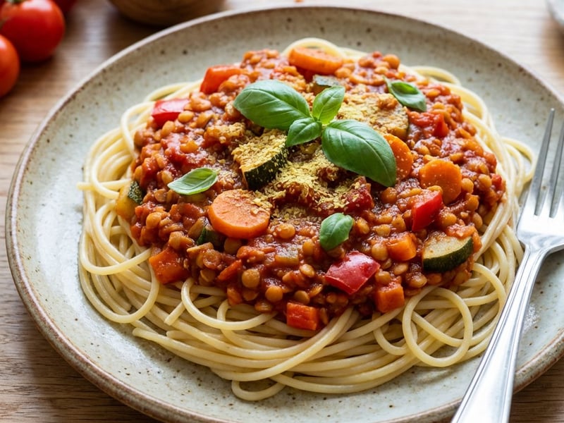 Spaghete bolognese vegane cu linte roșie