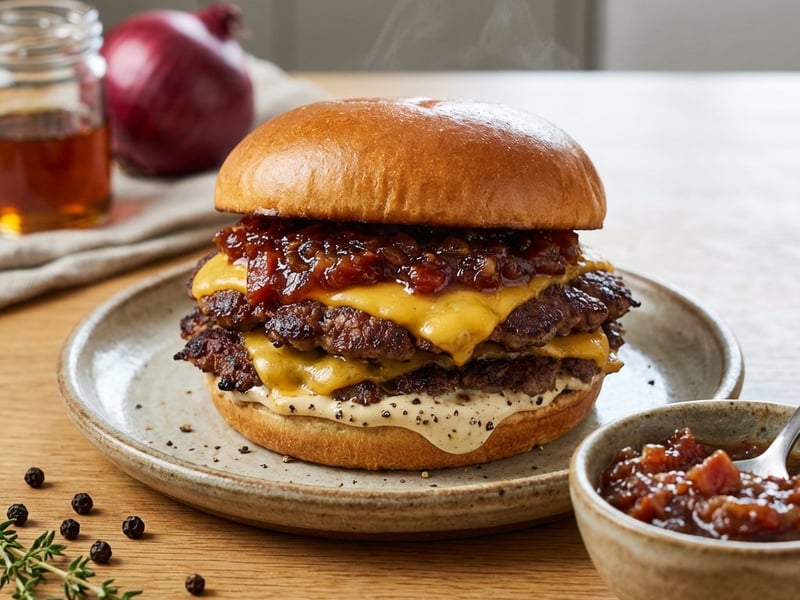 Smash burger cu dulceață de bacon și maioneză cu piper