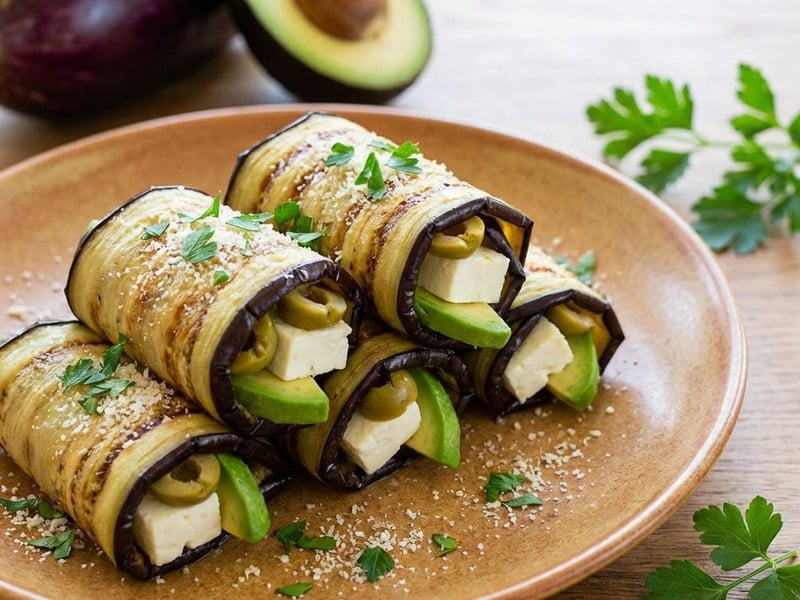 Eggplant Rolls with Feta Cheese and Avocado