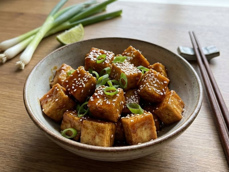 Tofu crocant și lipicios cu sos de soia și arțar