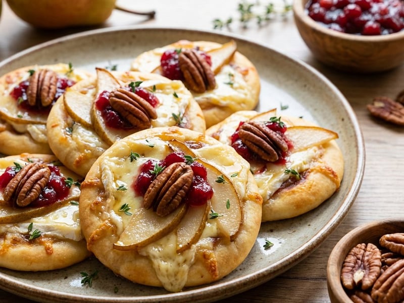 Mini pizza with Brie cheese, caramelized pears, and pecan nuts