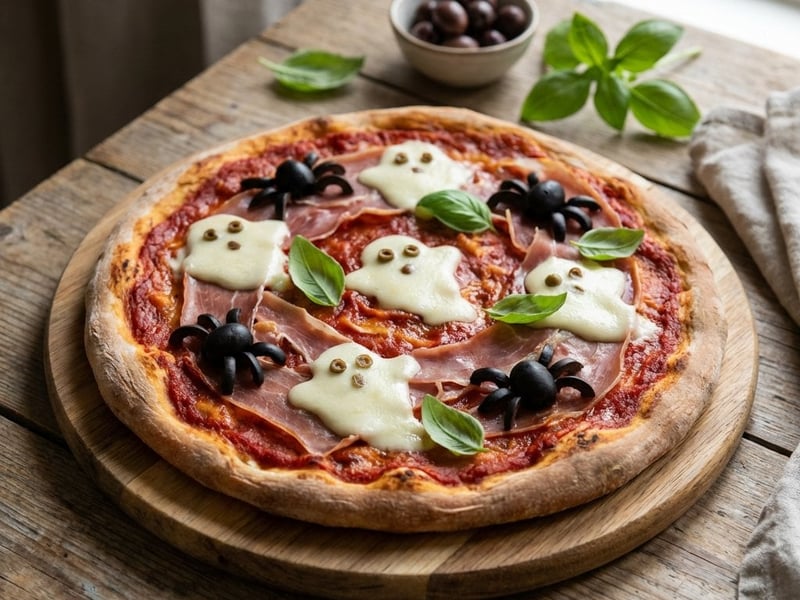 Pizza de Halloween cu fantome și păianjeni