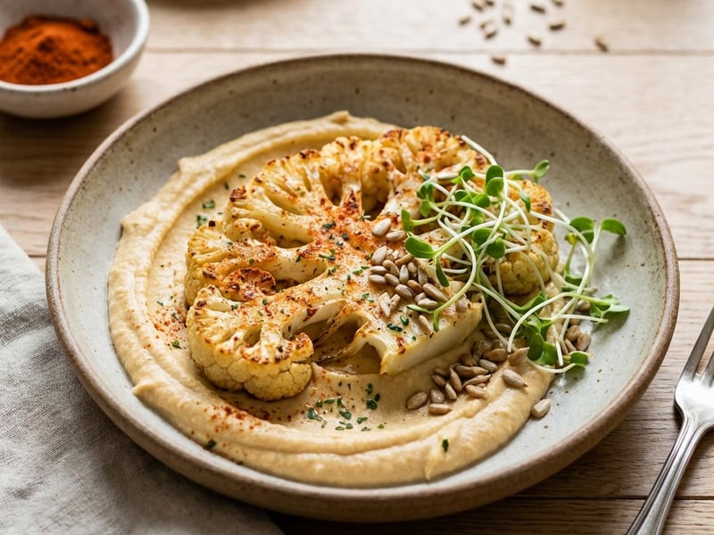 Steak de conopidă cu cremă de năut și hummus