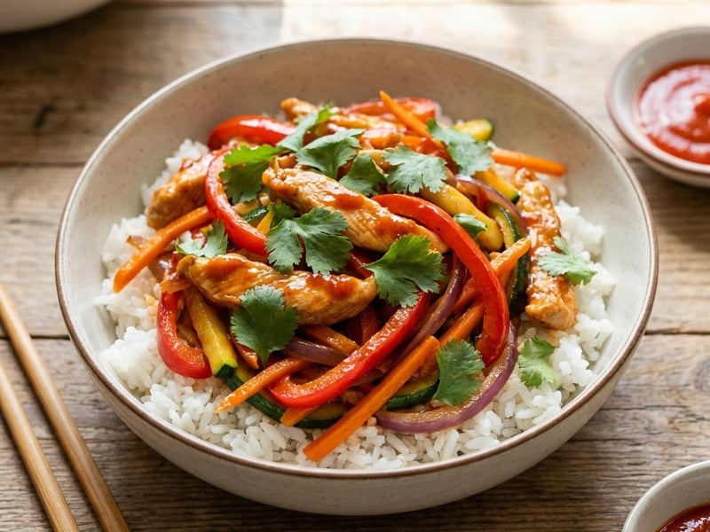 Spicy Turkey Strips with Sriracha Sauce and Vegetables