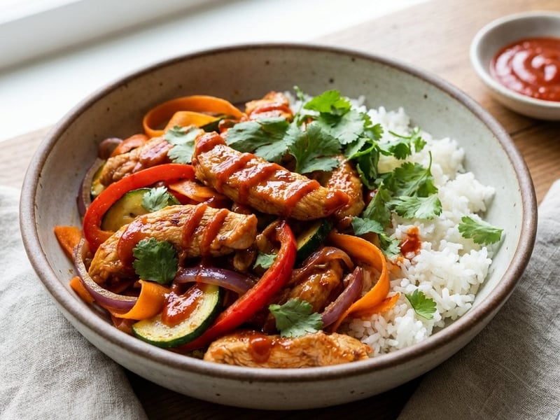 Fâșii de curcan picante cu sos sriracha și legume