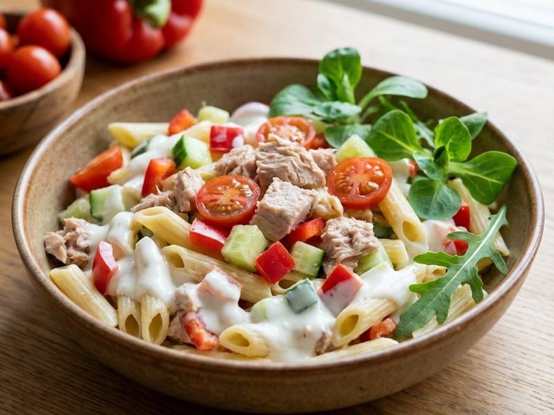 Salată de paste cu ton și iaurt cremos