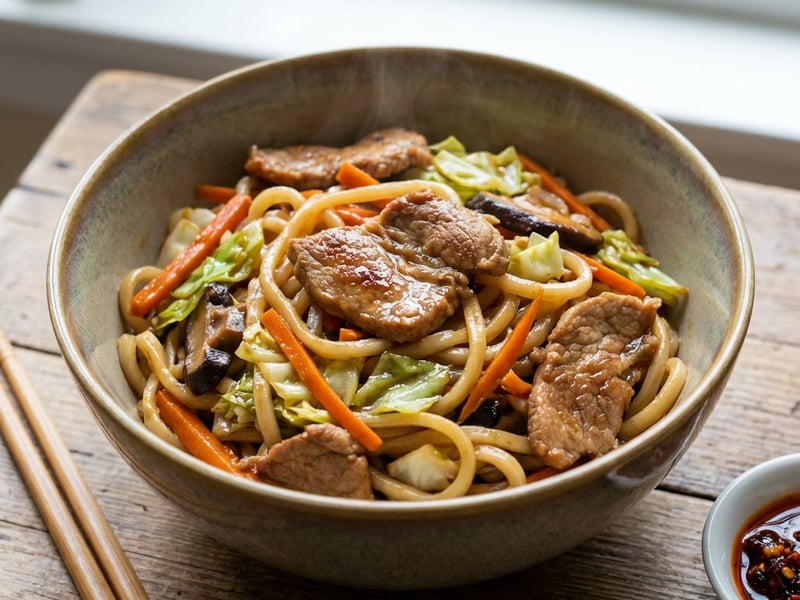 Amestec de porc cu tăiței de orez în stil asiatic
