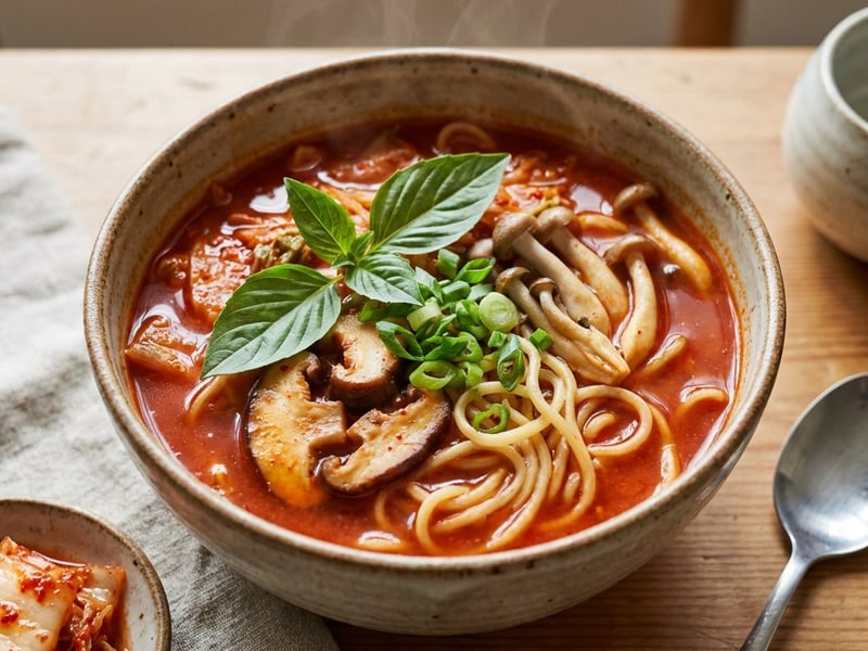 Supă Kimchi picantă cu tăiței și ciuperci