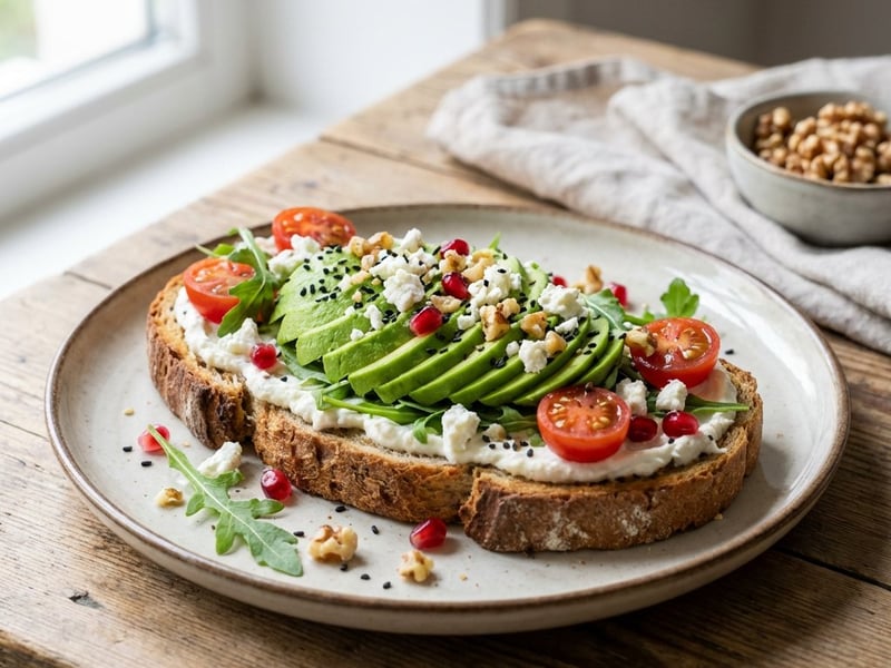 Pâine cu maia cu avocado, brânză feta și rucola