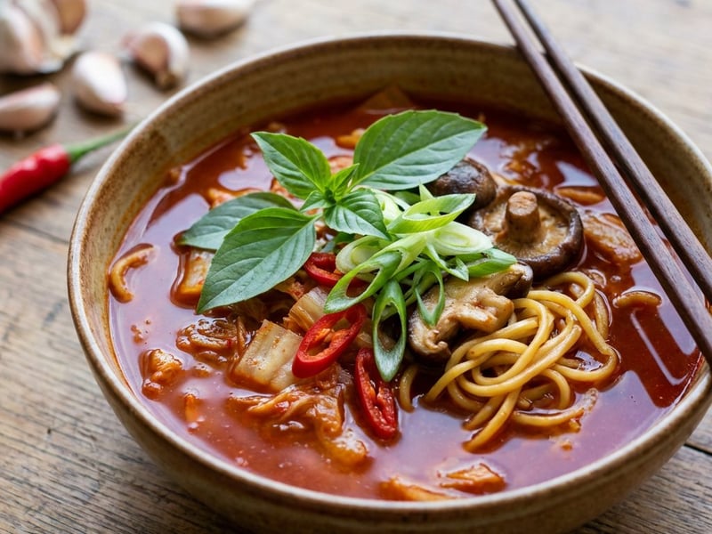 Supă Kimchi picantă cu tăieței Mie și ciuperci asiatice