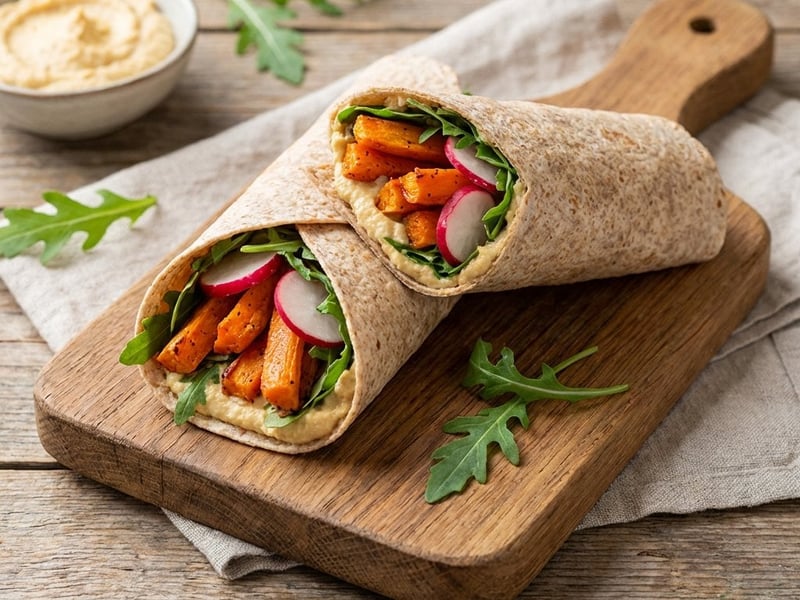 Wrap integral cu morcovi copți, hummus și rucola