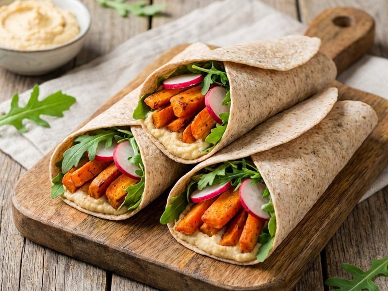 Wholemeal Wrap with Roasted Carrots, Hummus, and Arugula