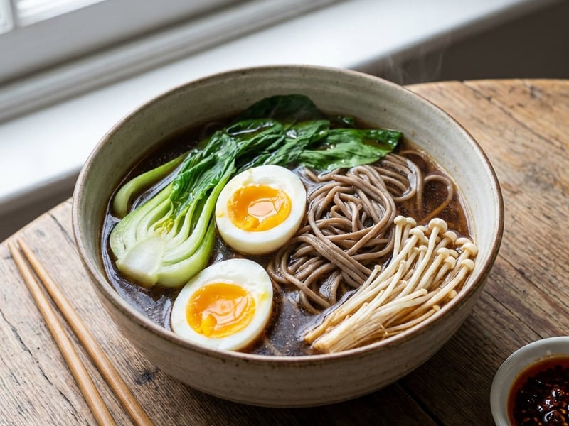 Supă asiatică cu tăiței soba, ou și ciuperci enoki
