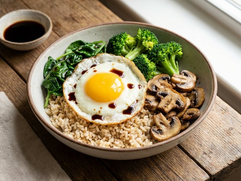 Rice bowl with egg and spinach