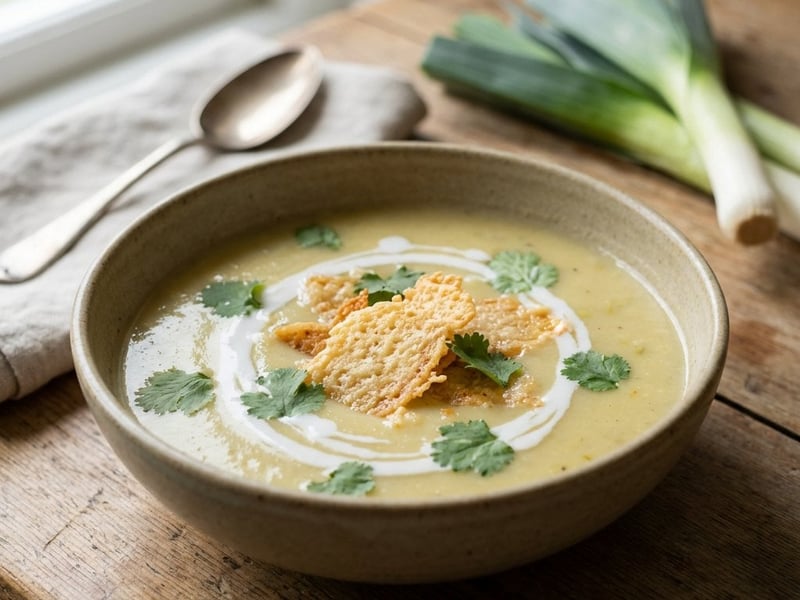 Leek cream soup with coconut milk and parmesan chips