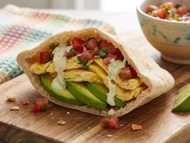 Pita umplută cu avocado, ou și salsa de roșii