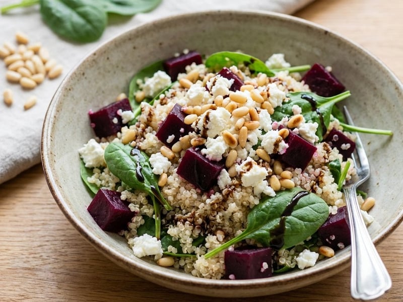 Salată de quinoa cu sfeclă roșie și brânză feta