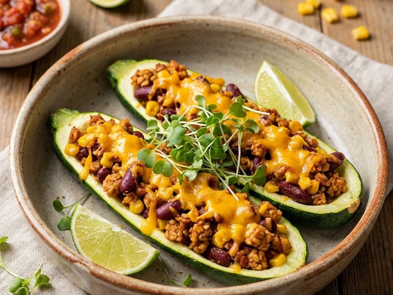 Baked Zucchini Stuffed with Tempeh