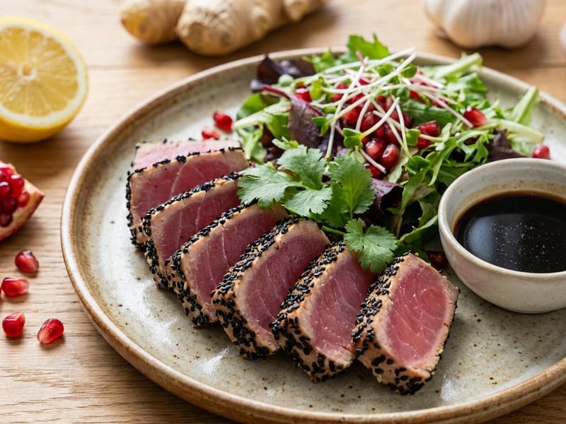 Tuna steak in sesame crust with pomegranate salad