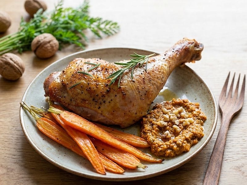 Baked Turkey Thighs with Carrots and Carrot Top Pesto