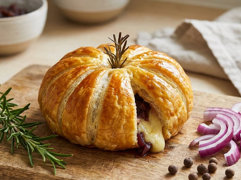 Dovleci din foietaj umpluți cu Camembert și chutney de ceapă roșie