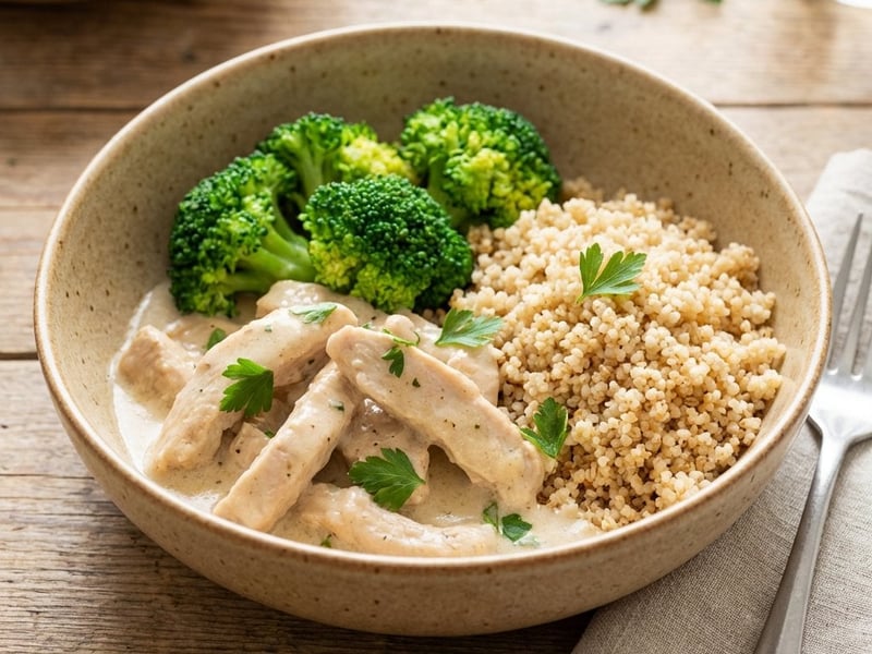 Amestec cremos de curcan cu cușcuș și broccoli