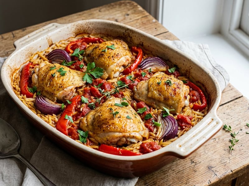 Pui la cuptor cu orzo și legume într-o singură tavă