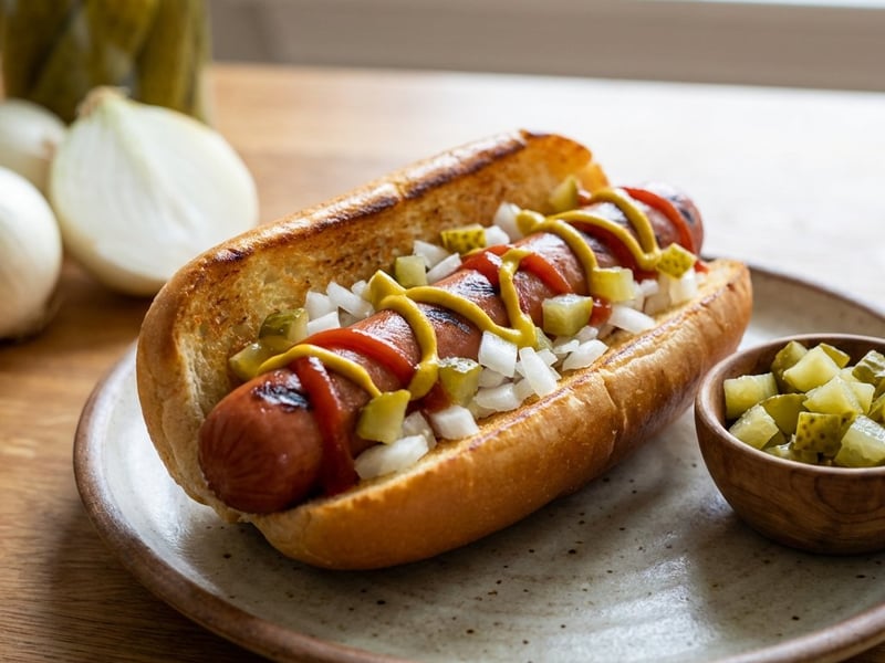 Hot Dog American cu Ceapă și Castraveți Murați