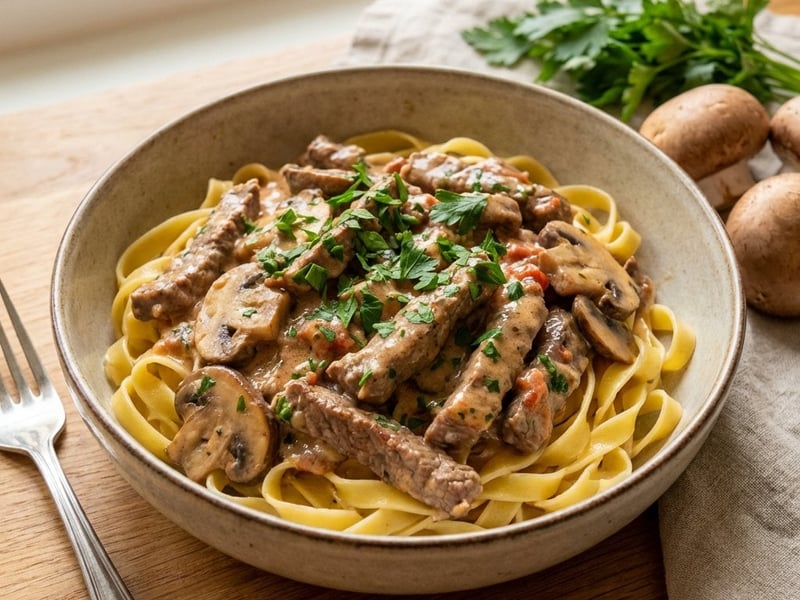 Beef Stroganoff with mushrooms and tagliatelle