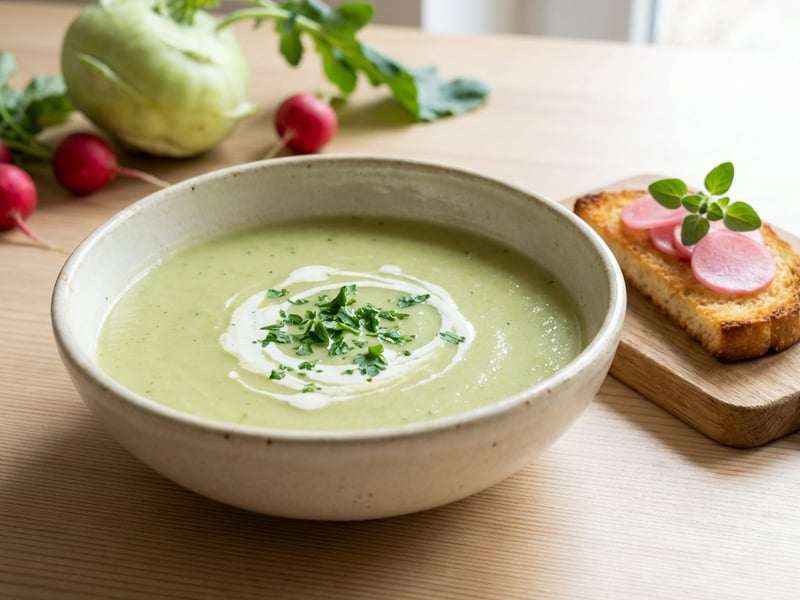 Kohlrabi Cream Soup with Marinated Radishes