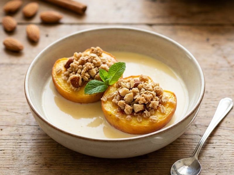 Baked peaches with almond crumble and vanilla sauce