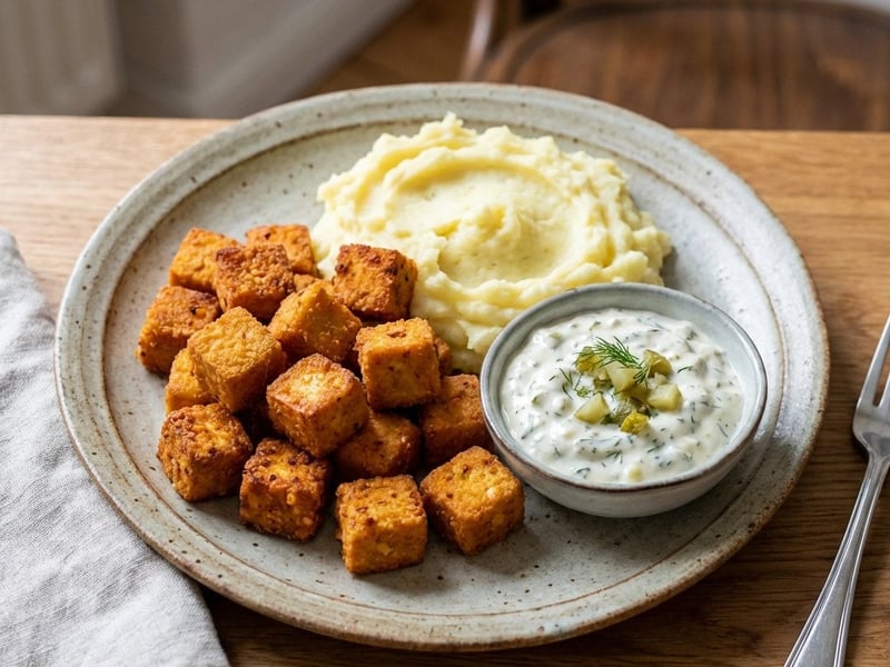 Tofu de casă din linte roșie cu piure și sos tartar