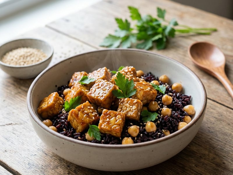 Tempeh caramelizat cu orez negru și năut