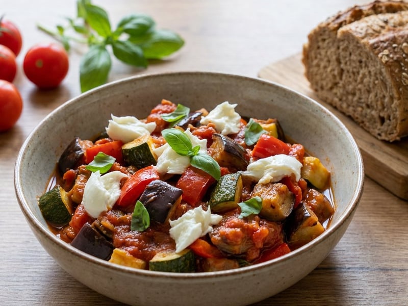 Caponata italiană cu vinete și mozzarella