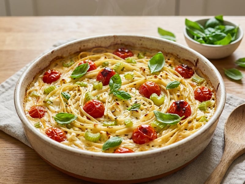 Spaghete cu sos de brânză feta și roșii cherry la cuptor