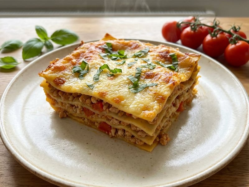 Lasagna rapidă cu curcan și busuioc proaspăt